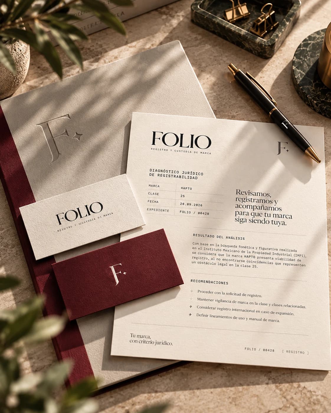 El diagnóstico firmado de FOLIO sobre la mesa, junto a la carpeta y las tarjetas